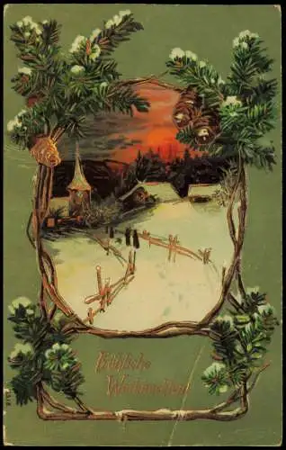 Weihnachten Christmas Tannenzweige Rahmen Winterlandschaft 1912 Gold