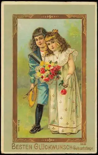 Geburtstag Birthday Junge und Mädchen mit Rosenstrauss 1912 Gold