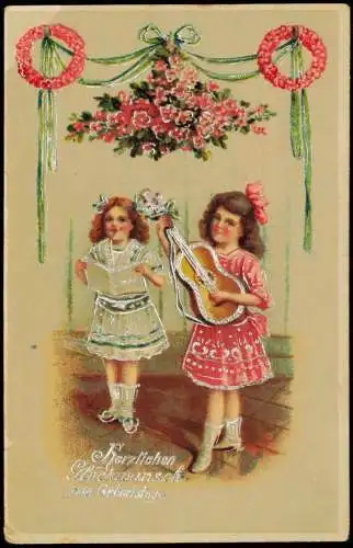 Geburtstag Birthday Mädchen musizieren Girlanden 1919 Silberprägung