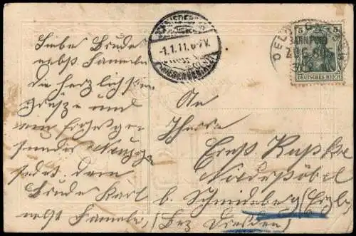 Ansichtskarte  Neujahr Sylvester New Year Goldzahl Schneegöcken 1911 Gold