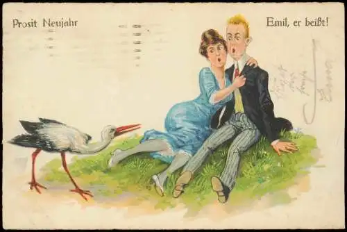 Scherzkarte Prosit Neujahr Emil, er beißt! Ehepaar und STORCH 1926