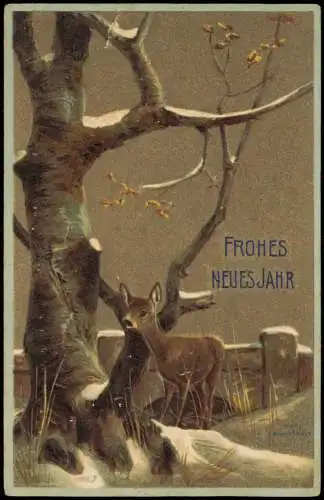 Neujahr Sylvester New Year scheues Reg am Baum Winter 1912 Prägekarte