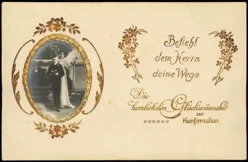 Ansichtskarte  Konfirmation Junge und Engel Goldornamente 1912 Gold