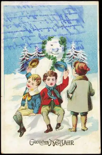 Neujahr Sylvester New Year Jungen sitzen auf Schneemann 1928 Prägekarte