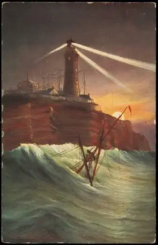 Helgoland (Insel) Sonnenaufgang Leuchtturm untergegangenes Schiff 1915