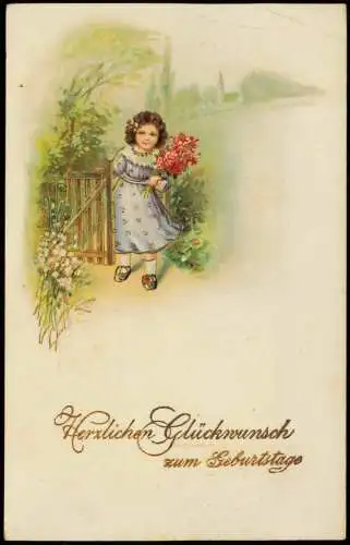 Ansichtskarte  Geburtstag Birthday Mädchen mit Blumen am Gartentor 1918 Gold