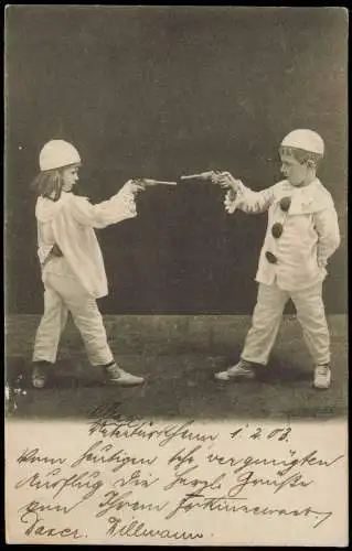 Ansichtskarte  Junge und Mädchen als Clown Pistolen Duell 1912