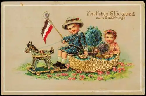 Ansichtskarte  Geburtstag Birthday Patriotika Holzpferd zieht Kinder 1911 Gold