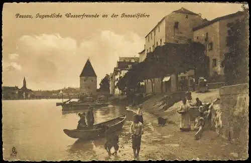 Ansichtskarte Passau Jugendliche Wasserfreunde an der Innseilfähre 1913