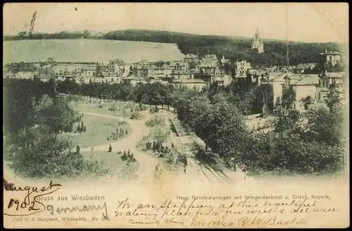 Wiesbaden Neue Nerothalanlagen mit Kriegerdenkmal u. Griech. Kapelle 1902