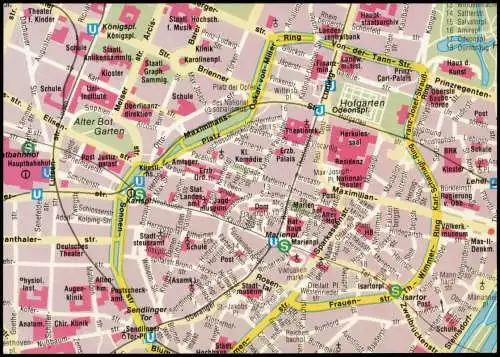 München Innenstadt Bereich Stadtkarte Stadtplan mit U-/S-Bahn-Stationen 1980