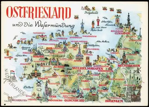 OSTFRIESLAND und die Wesermündung Landkarte (Map) Umgebungskarte 1980