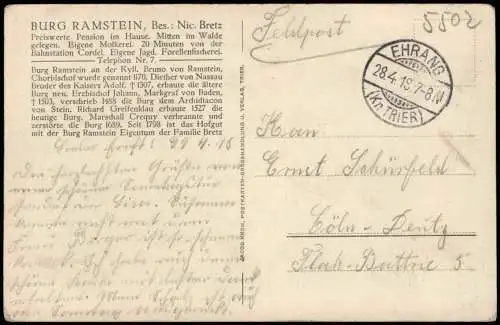 Ansichtskarte Kordel Eifel (bis 1936 Cordel) Burg Ramstein 1918   1. Weltkrieg Feldpost gelaufen (ab Stempel EHRANG)