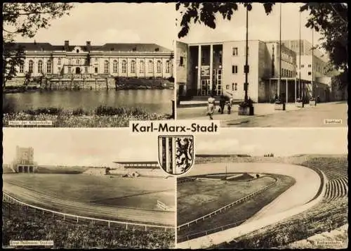 Chemnitz DDR Mehrbild-AK u.a mit Radrennbahn und Ernst-Thälmann-Stadion 1962