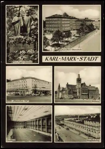 Chemnitz DDR Mehrbild-AK ua. mit Karl-Marx-Oberschule Marx-Engels-Denkmal  1964