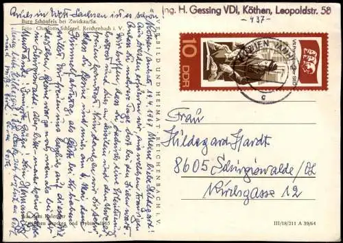Ansichtskarte Schönfels-Lichtentanne Burg Schönfels zur DDR-Zeit 1964