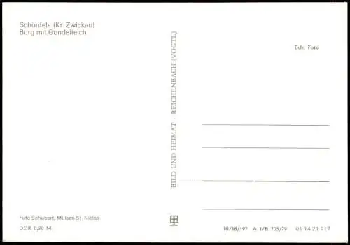 Ansichtskarte Schönfels-Lichtentanne Burg mit Gondelteich zur DDR-Zeit 1979
