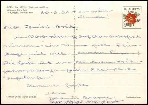 Köln Stadtansicht Rheinpark und Dom Cologne Rhine Park 1991/1970