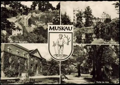 Ansichtskarte Bad Muskau DDR Mehrbildkarte u.a. mit Bergpark, Schloss 1959