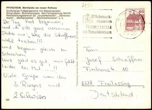 Pforzheim Marktplatz am neuen Rathaus, Fußgängerzone (Mehrbildkarte) 1980