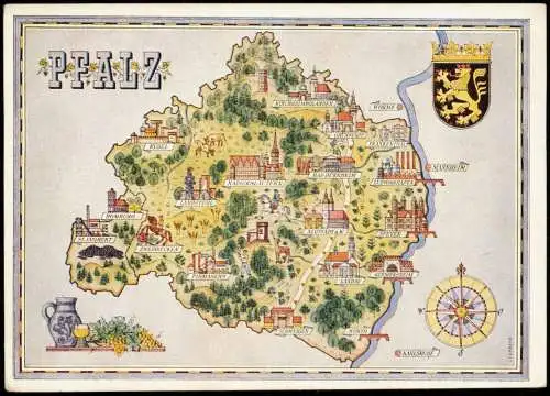 Rheinland-Pfalz Landkarte Übersichtskarte (Map) PFALZ  um Kaiserslautern 1950