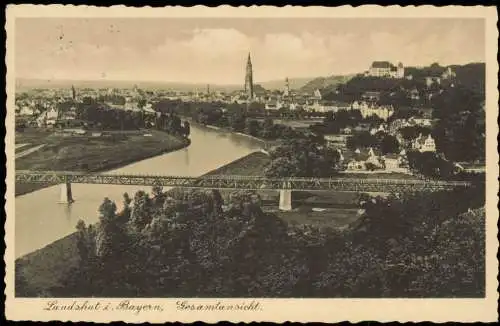 Ansichtskarte Landshut Panorama-Ansicht, Fluss Partie mit Brücke 1938