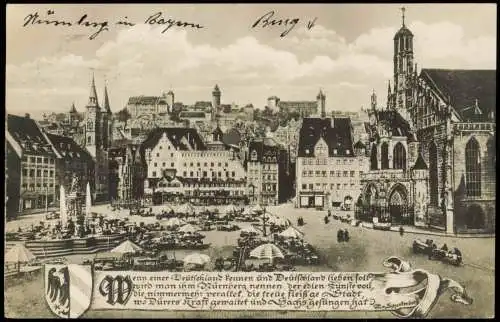 Ansichtskarte Nürnberg Marktplatz Burg Text 1929