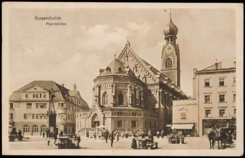 Ansichtskarte Rosenheim Markttreiben Pfarrkirche 1933