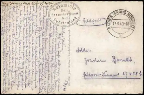 Postcard Jonsdorf (CZ) Janov Edmundsklamm Böhmen Boote 1940  gel. Feldpost WK2