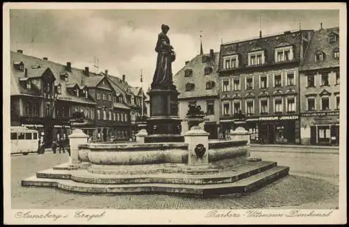 Ansichtskarte Annaberg-Buchholz Barbara-Uttmann-Denkmal Geschäfte 1928