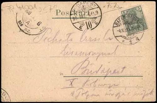 Ansichtskarte Baden-Baden Trinkhalle 1900   gelaufen  Budapest Ankunftsstempel