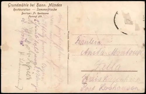 Ansichtskarte Hann. Münden Umlandansicht Grundmühle Restauration 1920