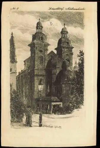 Ansichtskarte Düsseldorf Andreaskirche (Künstlerkarte, Zeichnung) 1917