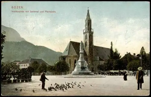 Cartolina Bozen Bolzano Waltherplatz mit Denkmal und Pfarrkirche 1906