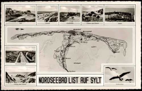 Insel Sylt Insel Karte mit diversen Foto-Ansichten Mehrbild-AK 1955