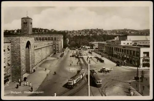 Ansichtskarte Stuttgart Bahnhof, Straßenbahn - Hindenburgplatz 1939