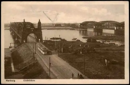 Ansichtskarte Harburg-Hamburg Elbbrücken - Straßenbahn 1927