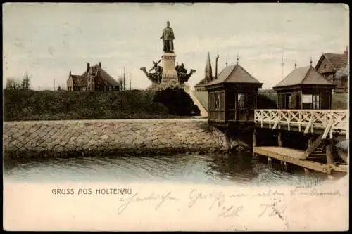 Ansichtskarte Holtenau-Kiel Holtenå Brücke mit Häusern und Denkmal 1901