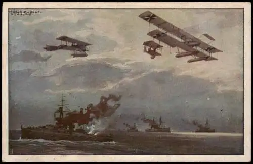 Wasserflugzeuge über englischen Flotte nach Gemälde von Prof.  Rud Schulze 1910