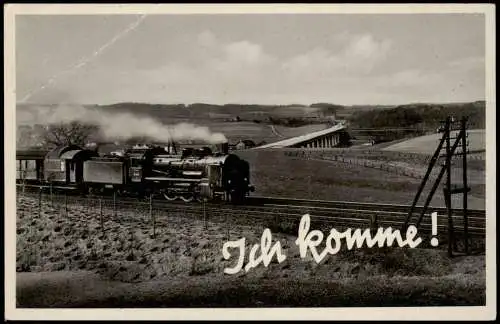 Eisenbahn mit Dampflokomotive aus der AK-Serie "Ich komme" 1935