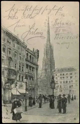 Ansichtskarte Wien Stephansdom Straße Federzeichnung Künstlerkarte 1900