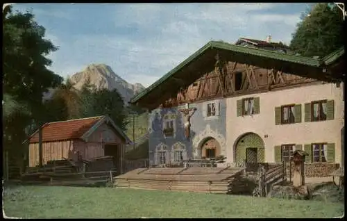 Ansichtskarte Mittenwald Die Färberhäuser mit dem Wetterstein 1918