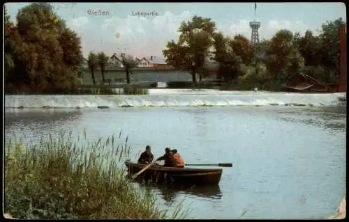 Ansichtskarte Gießen Lahnpartie Ruderboot am Fluss Wehr 1913