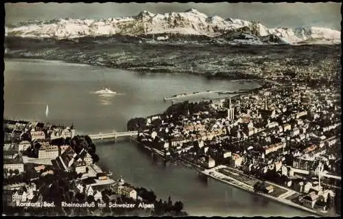 Ansichtskarte Konstanz Rheinausfluß mit Schweizer Alpen 1950