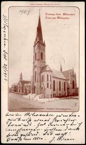 Postcard Milwaukee St. Michaels Church Kirche USA 1903 gel. nach Bamberg