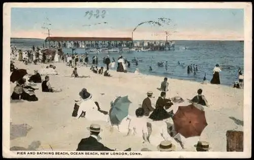 Postcard New London Pier and Bathing Ocean Beach 1922  USA