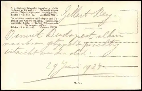 Postcard Budapest Gellertberg Gellérthegy Restaurant 1934