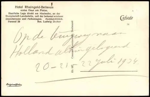 Ansichtskarte Rolandseck-Remagen Hotel Rheingold-Bellevue. 1934