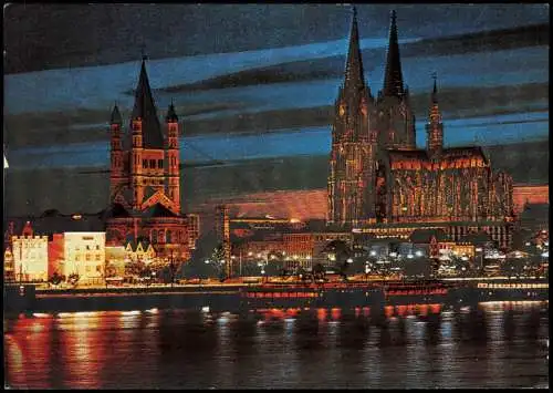 Köln Abend-Nacht-Panorama mit Dom und Gr.-St.-Martin-Kirche 1975 Silber-Effekt