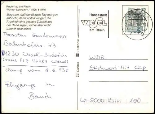 Ansichtskarte  Künstlerkarte: Regentag am Rhein von Werner Schramm 1993